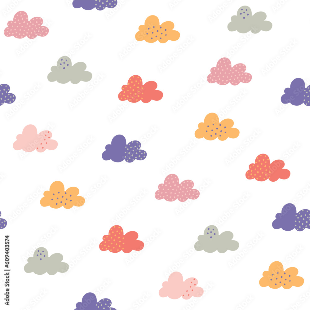 Cute hand drawn clouds in the sky seamless vector pattern. Fun design ...