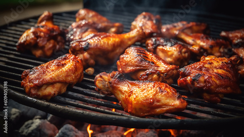 Spicy chicken wings on a summer grill with hot flames a close-up view, generative AI tools 