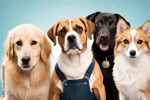 an adorable group of dogs, set against a soft pink background © Beste stock