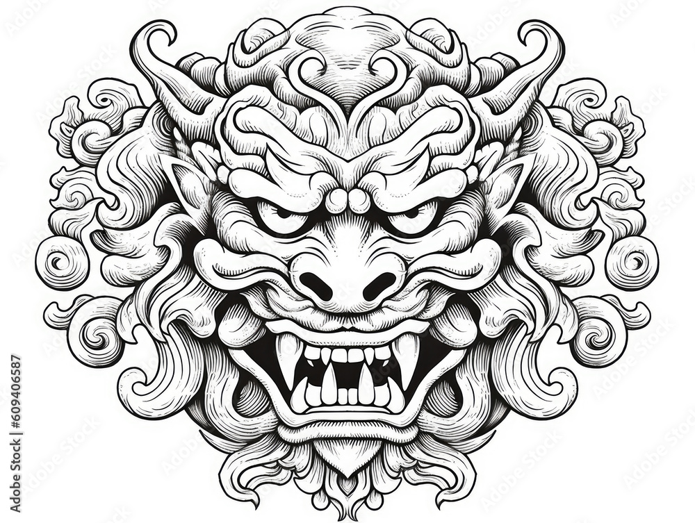 A drawing of an asian dragon face in black and white. Tattoo idea for a japanese chinese theme.