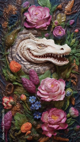 Crocodile Art Painting On Canvas Floral Elements Vintage Style Embossed Brush Strokes Generative AI Digital Illustration Part#030623