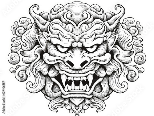 A drawing of an asian dragon face in black and white. Tattoo idea for a japanese chinese theme.