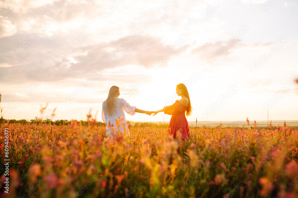 Portrait of a two beautiful woman posing in a field with flowers. Nature, vacation, relax and lifestyle. Summer landscape. Portrait of a two beautiful woman posing in a field with flowers. Nature, vacation, relax and lifestyle. Summer landscape.