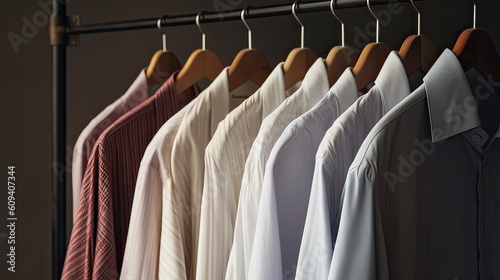 Classy, stylish, colorful men's shirts neatly arranged and organized in a row on a clothes rack hanger for quality choice selection. 