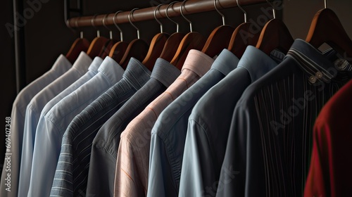 Classy, stylish, colorful men's shirts neatly arranged and organized in a row on a clothes rack hanger for quality choice selection.