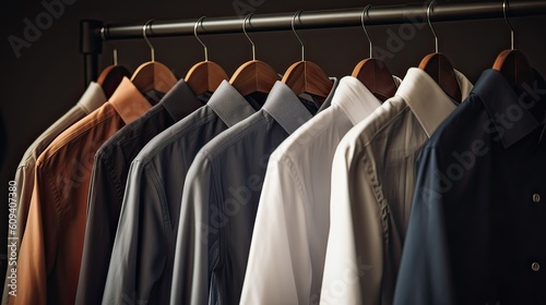 Classy, stylish, colorful men's shirts neatly arranged and organized in a row on a clothes rack hanger for quality choice selection. 