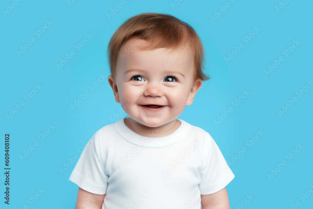 Baby on Blue Background. Happy Babyboy. Portrait of a Little Child. Toddler is Smiling in White T-shirt. Baby on Blue Background. Happy Babyboy. Portrait of a Little Child. Toddler is Smiling in White T-shirt.