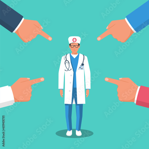 Accusation doctor. People point fingers at sad medical officer. Public victim. Victim worker. Vector illustration flat design. Isolated on white background. Harassment coworkers.