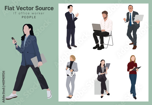 Early adopter smart work activities using office electronic devices shared by office workers Human silhouette set