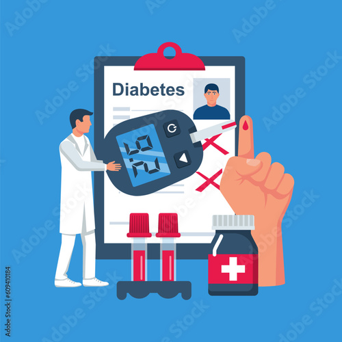 Diabetes concept. Blood test. Measuring sugar with glucometer. Healthcare landing page. Vector illustration flat style. Doctor with a large pipette performs a diagnosis. Template web design.