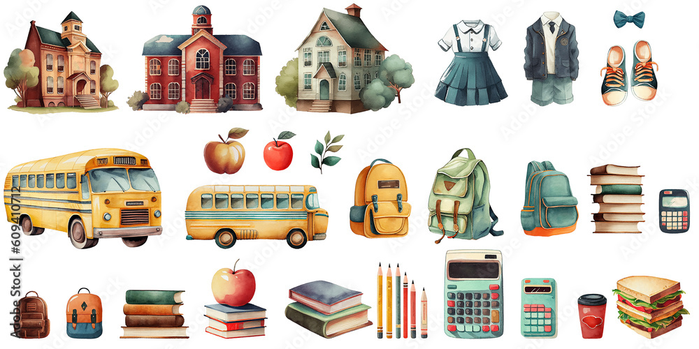 custom made wallpaper toronto digitalBack to school watercolor elements - school building, school bus, school uniform, stationery
