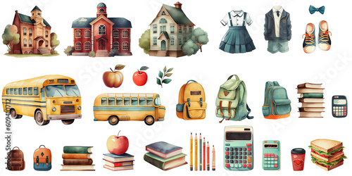 Back to school watercolor elements - school building, school bus, school uniform, stationery