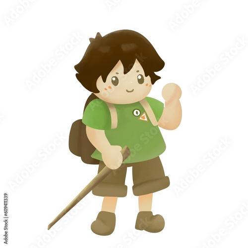 Happy children doing different activities in summer camp such as camping or cooking near bonfire, bbq, hiking