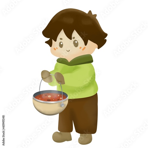 Happy children doing different activities in summer camp such as camping or cooking near bonfire, bbq, hiking