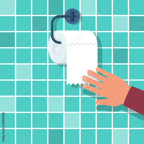 Paper towel dispenser. Man takes paper towel. Vector illustration cartoon style. Isolated on background. Toilet paper roll holder in bathroom.
