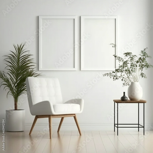 Blank picture frame mockup on white wall Modern Generative AI © shinchan