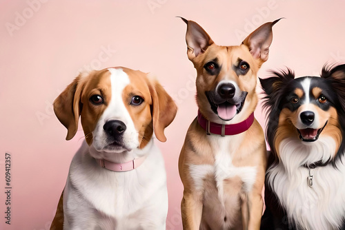 an adorable group of dogs, set against a soft pink background
