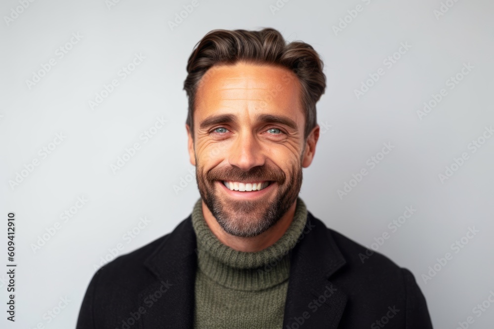 Close up portrait of a handsome young man smiling and looking at camera over gray background