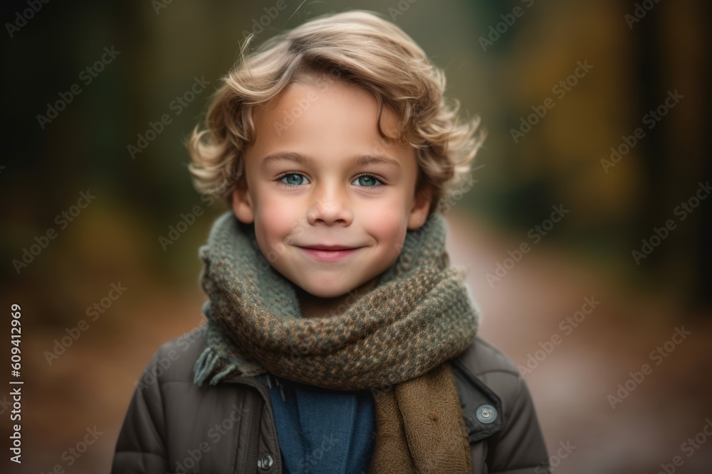 Outdoor portrait of a cute little boy wearing warm clothes and scarf