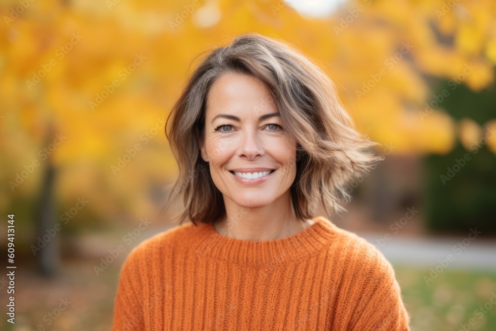 Medium shot portrait photography of a pleased woman in her 40s that is wearing a cozy sweater against an autumn foliage background . Generative AI