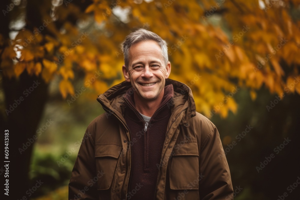 Portrait of smiling middle-aged man standing in autumn park and looking at camera