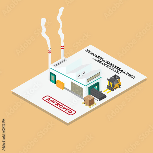 A vector of isometric operating factory comply with Responsible Business Alliance Code Of Conduct.