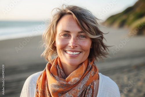 Portrait of a smiling woman with scarf at the beach in autumn
