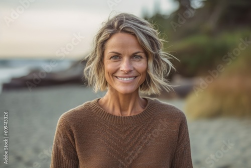 Portrait of smiling woman standing on beach at the beach during sunset