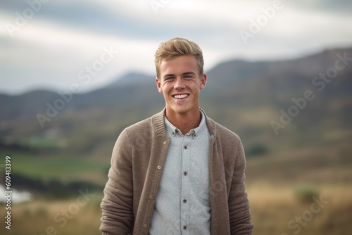 Portrait of a handsome young man smiling at camera in the countryside