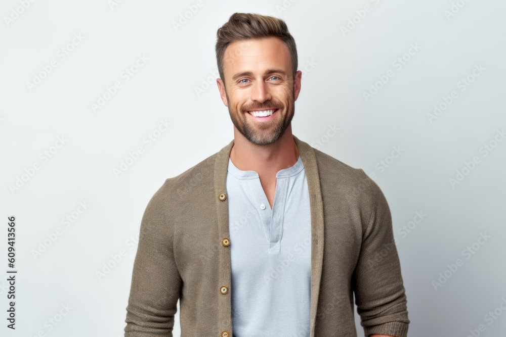 Portrait of a handsome young man smiling at the camera while standing against white background Portrait of a handsome young man smiling at the camera while standing against white background
