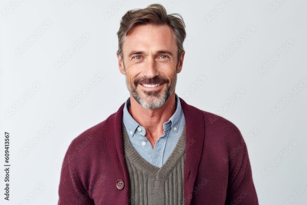 Portrait of a handsome mature man smiling at camera over white background