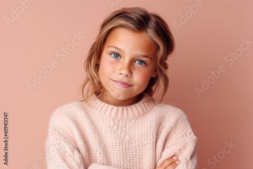 Portrait of a beautiful little girl with blond hair in a pink sweater.