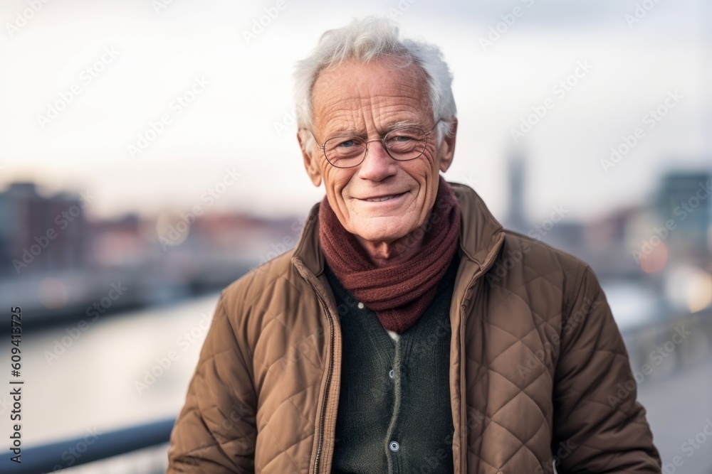 Portrait of a senior man smiling on a bridge in the city Portrait of a senior man smiling on a bridge in the city