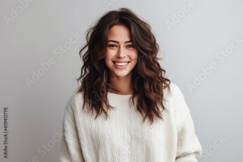 Portrait of a smiling young woman in a white sweater on a gray background