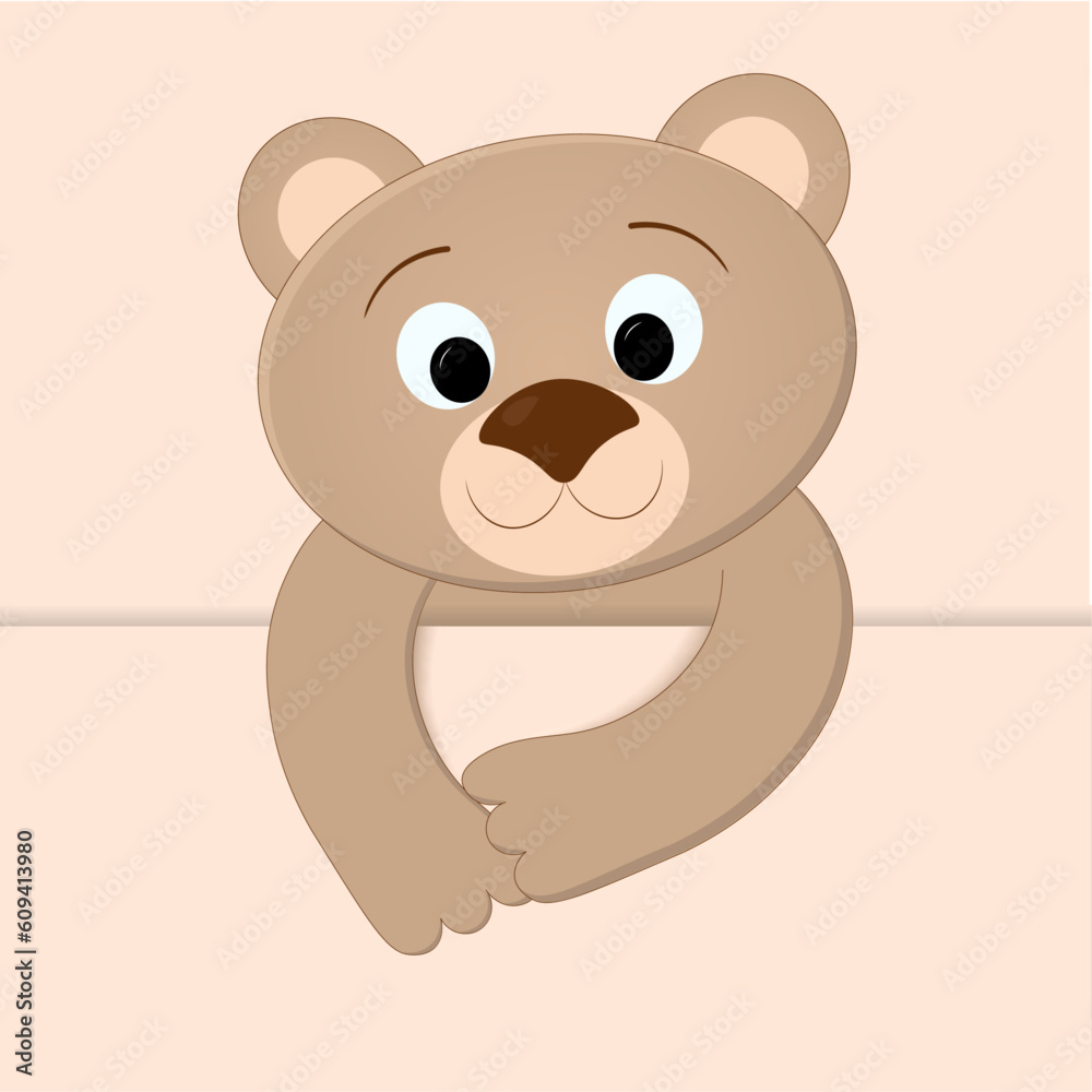 Vector illustration for children of cartoon, funny, nosy bear, peeking out from the top from behind a sheet with an inscription, on beige background with pattern with stars and rounds, for your design