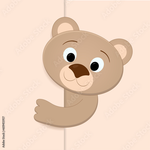 Vector illustration for children of cartoon, funny, nosy bear, peeking out from the sides from behind a sheet with inscription, on beige background with pattern with stars and rounds, for your design