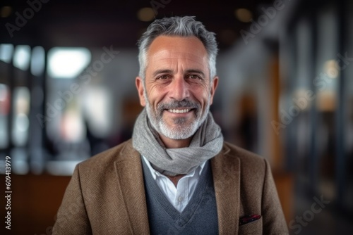 Portrait of smiling senior businessman with hand in pocket at modern office