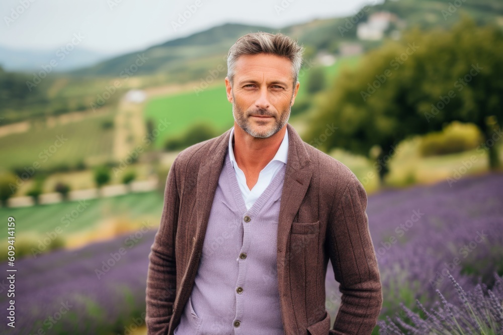 Portrait of handsome middle-aged man standing in lavender field