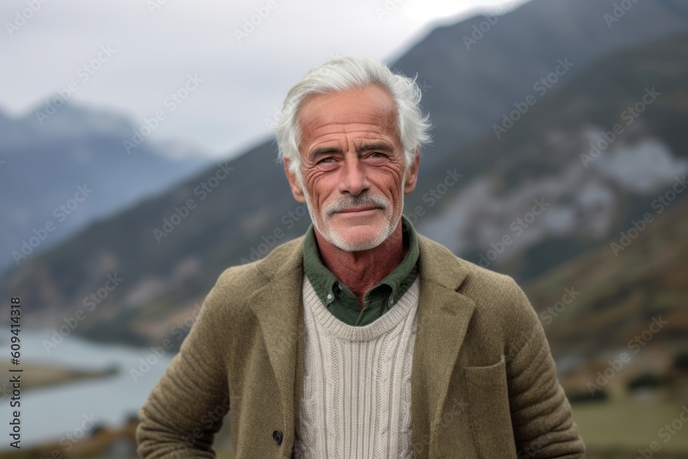 Portrait of a senior man with grey hair in the mountains. Portrait of a senior man with grey hair in the mountains.