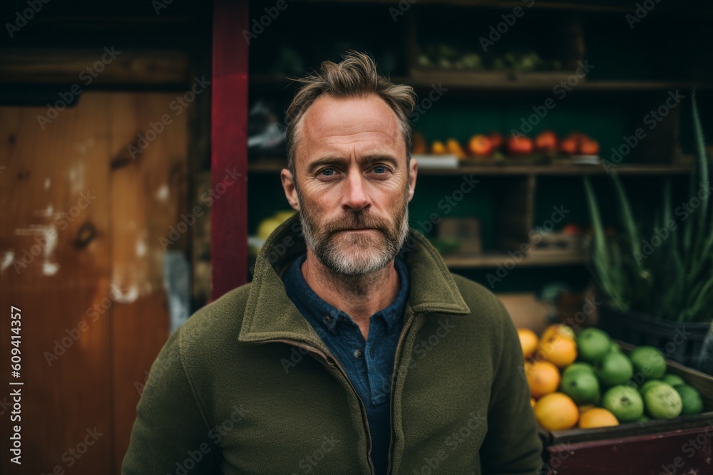 Portrait of a handsome mature man in his 40s, looking at the camera and smiling while standing in front of a fruit stall Portrait of a handsome mature man in his 40s, looking at the camera and smiling while standing in front of a fruit stall