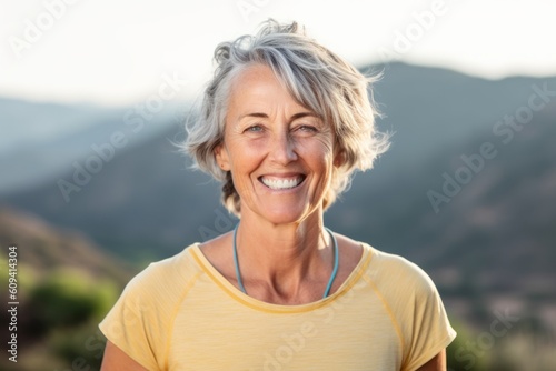 Portrait of a smiling senior woman standing on a hilltop in the countryside