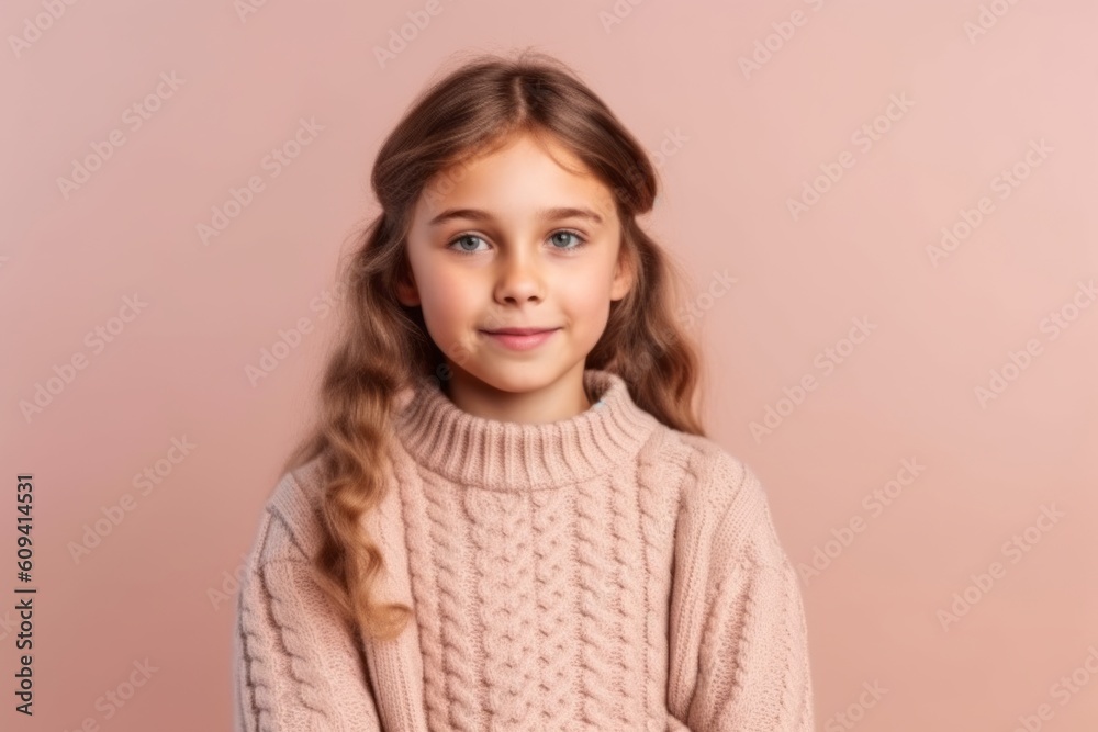 Portrait of a cute little girl in a knitted sweater on a pink background.