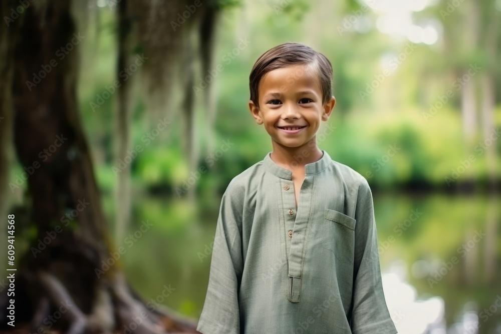 Portrait of a smiling boy standing by a lake in the forest Portrait of a smiling boy standing by a lake in the forest