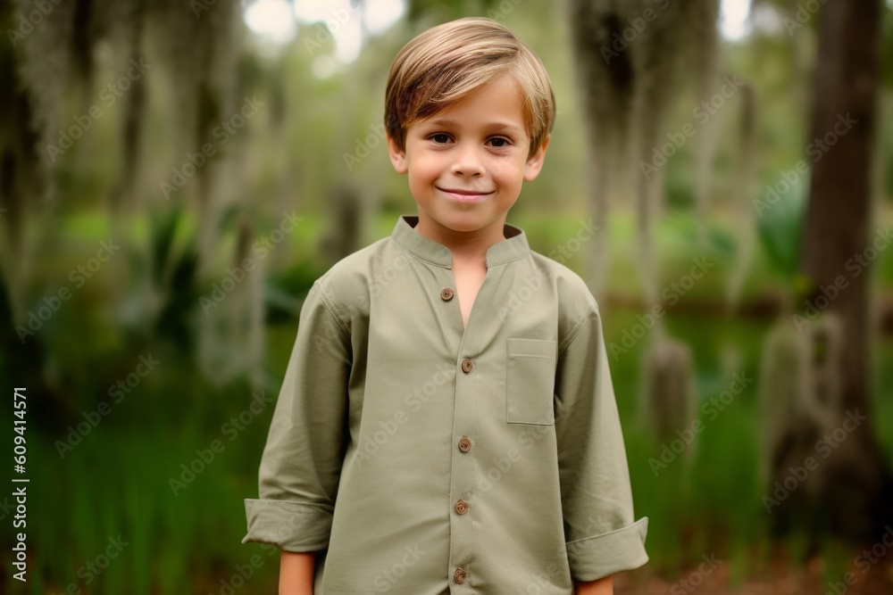 Portrait of a smiling little boy in a green shirt standing in the woods Portrait of a smiling little boy in a green shirt standing in the woods