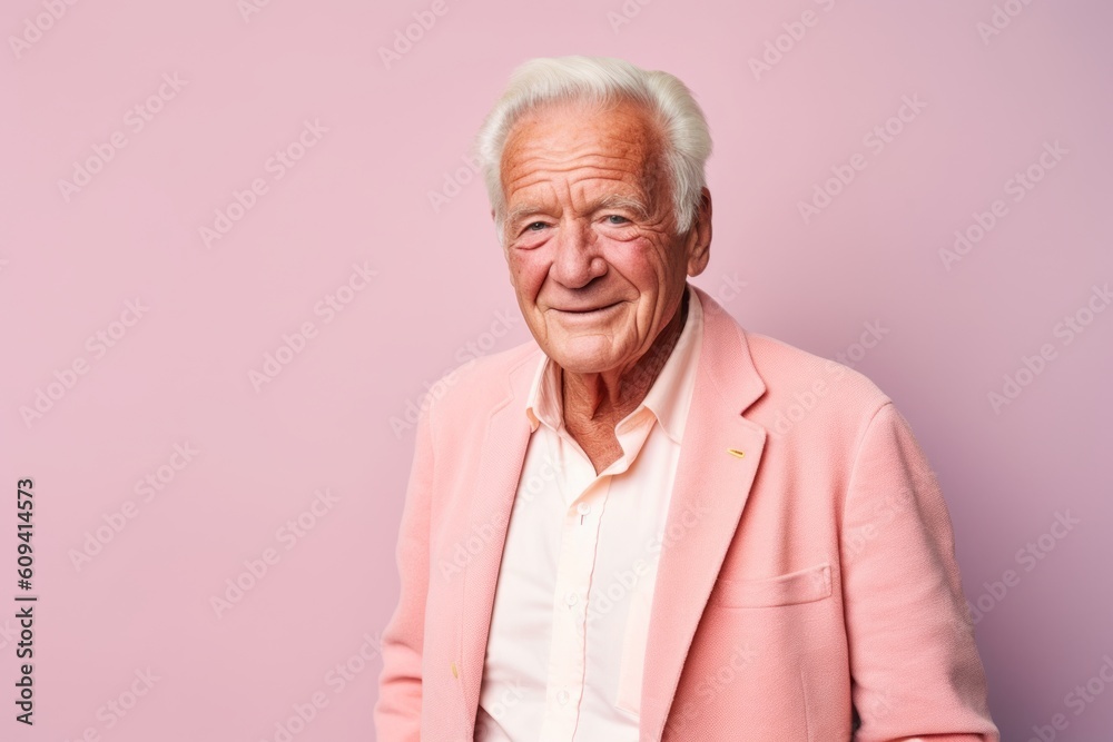 Portrait of an elderly man in a pink jacket on a pink background