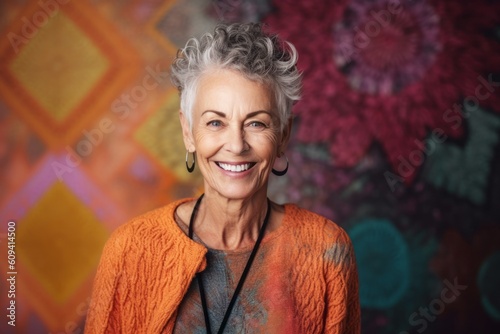 Portrait of happy senior woman looking at camera with smile against colorful background © Anne-Marie Albrecht