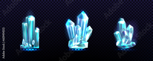 Crystals composition, magic gems. Blue gemstone clusters, 3d rock minerals, light quartz for gui, game icons isolated elements, glowing computer colors. Topaz or brilliant. Vector realistic set