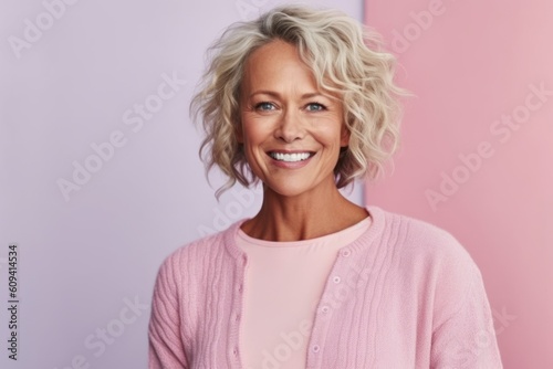 Portrait of smiling mature woman looking at camera on pink and blue background