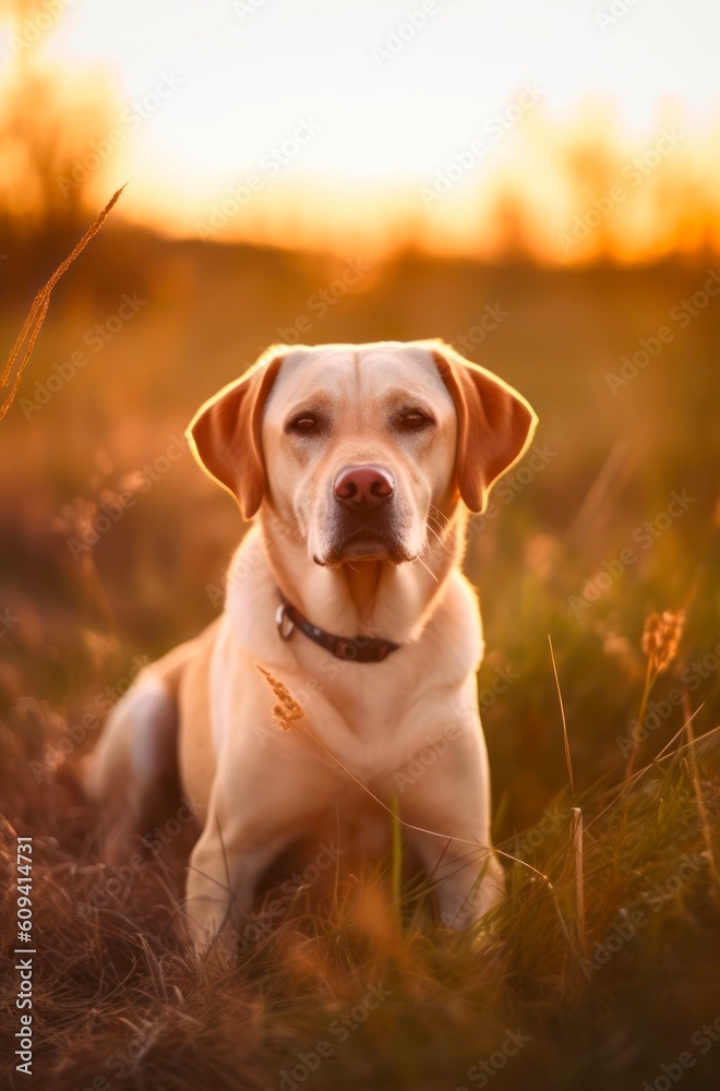 Portrait of a Golden Labrador Retriever dog outdoors. Generative AI.