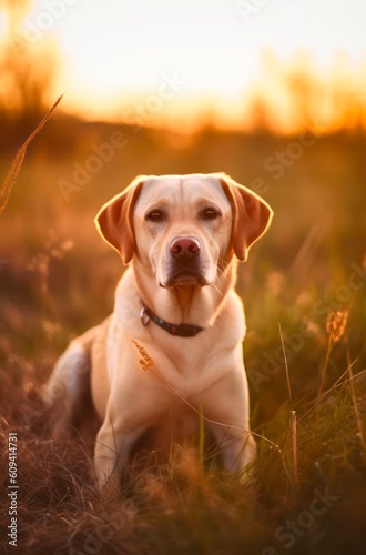 Portrait of a Golden Labrador Retriever dog outdoors. Generative AI.